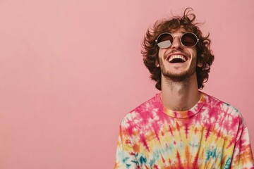Joyful Hippie Vibe: Smiling Man in Tie-Dye T-Shirt Against Pink Backdrop