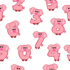 Seamless pattern with numbers like Pigs from 0 to 9. Collection of numbers with a animal concept. Calligraphy, lettering, typography, print, Education or game