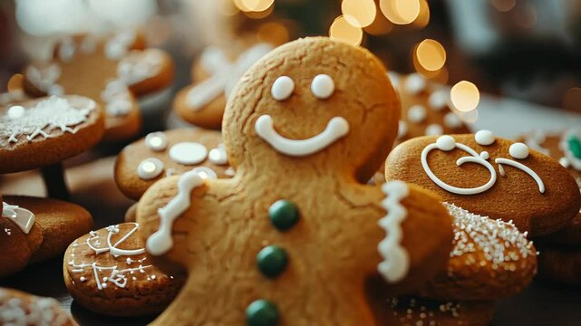 A gingerbread man cookie with a smiling face, green buttons, and white icing sits amongst other holiday cookies