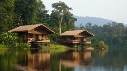 Fototapeta premium Scenic Eco Lodge Overlooking Serene Lake