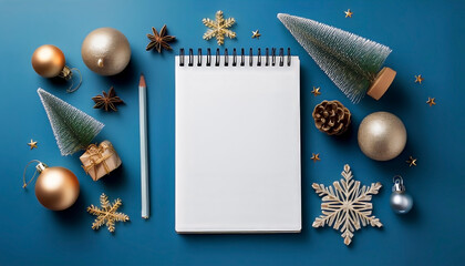 A top view of a blank notebook surrounded by festive Christmas decorations, including ornaments and a pencil, on a blue background
