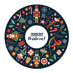 Christmas wreath with cute motifs from the ballet Nutcracker. Vector template. Retro design.