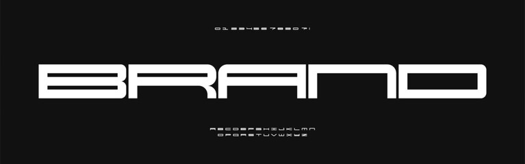 Bold extended font, wide geometric letters, thick square font for minimalist tech branding, strong industrial headline. Broad rectangular typeface Vector typeset
