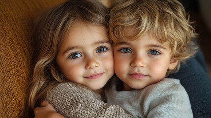 Closeup portrait of adorable siblings hugging, young children together, brother and sister bond, family love, childhood friendship, cozy, happy moments, affectionate kids