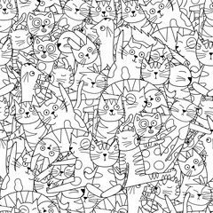Obraz premium Cute yoga cats black and white seamless pattern for kids. Funny feline characters in different yoga poses coloring page. Outline background. Vector illustration
