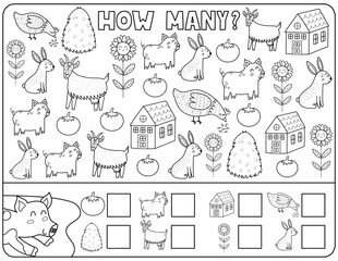 How many activity page for kids with cute farm animals. Count the number of pig, goat, rabbit, hay and more. Puzzle game for school and preschool. Vector illustration