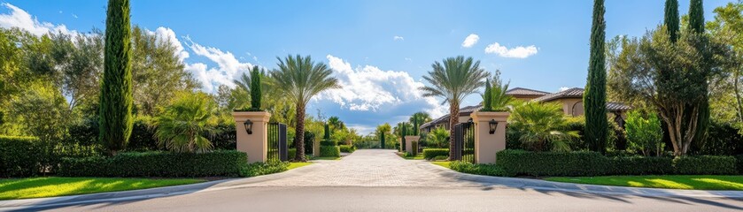 Elegant gated community entrance surrounded by lush greenery, inviting residents into a serene and exclusive environment.