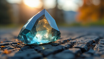 Isolated Blue Crystal Glimmering in Sunset Light