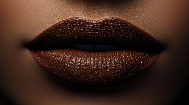 Extreme close-up of lips painted in earthy burnt sienna, matte finish with a velvety texture, illuminated by warm, natural light to showcase the rich, warm color and smooth surface, high-definition,