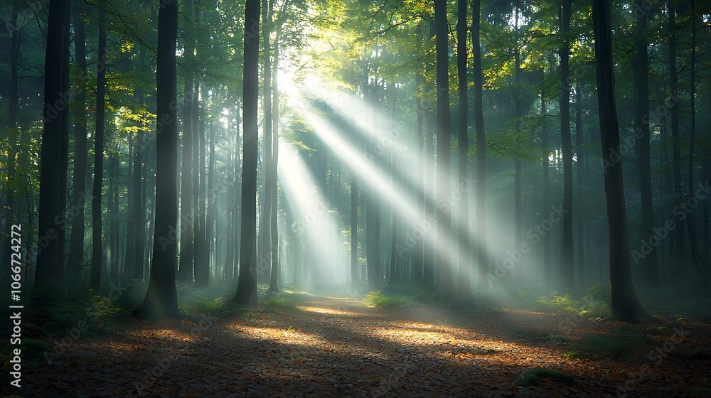 Poster sunlight filters through ancient trees in a serene forest landscape