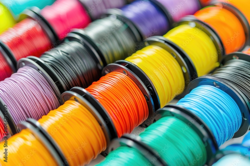 Poster a collection of various colored and sized spools