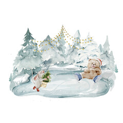 Cute christmas print of winter forest landscape. Hand drawn woodland animals of bear, mouse character on skate. Holidays illustration for baby posters, nursery wall art, kids print, card design