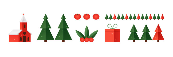 Christmas geometric icons set. Winter church, trees, red gift box, tangerines and mistletoe, vector flat illustration with Christmas design elements isolated on white background