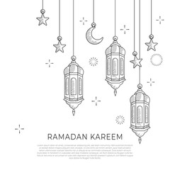Hand drawn ornament lantern line art illustration. crescent and star element decoration. for islamic greeting card or poster design decoration