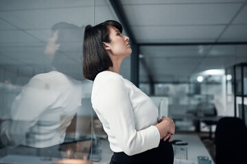 Pregnant, business woman and thinking in office for problem solving, ideas and future planning....