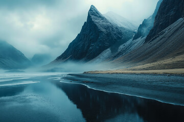 A body of water with mountains in the background