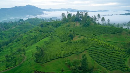 Obraz premium Aerial view of a lush green tea plantation on a misty mountainside.
