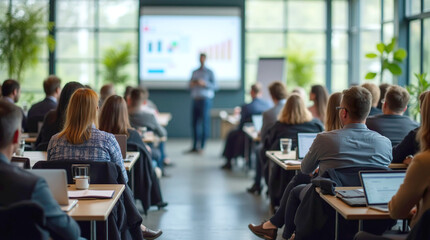 Obraz premium Corporate training session with young adults engaged attendees in bright modern conference room. Business presentation, Professional audience