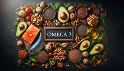 A top view of omega-3 rich foods like salmon, avocado, walnuts, and seeds, symbolizing health, nutrition, and dietary benefits