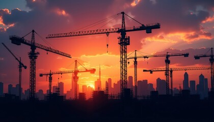 Silhouette of Construction Machinery Against Vibrant Sunset Sky.