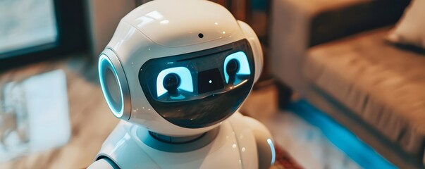 A friendly robot with glowing features, designed for interaction in a modern living space.