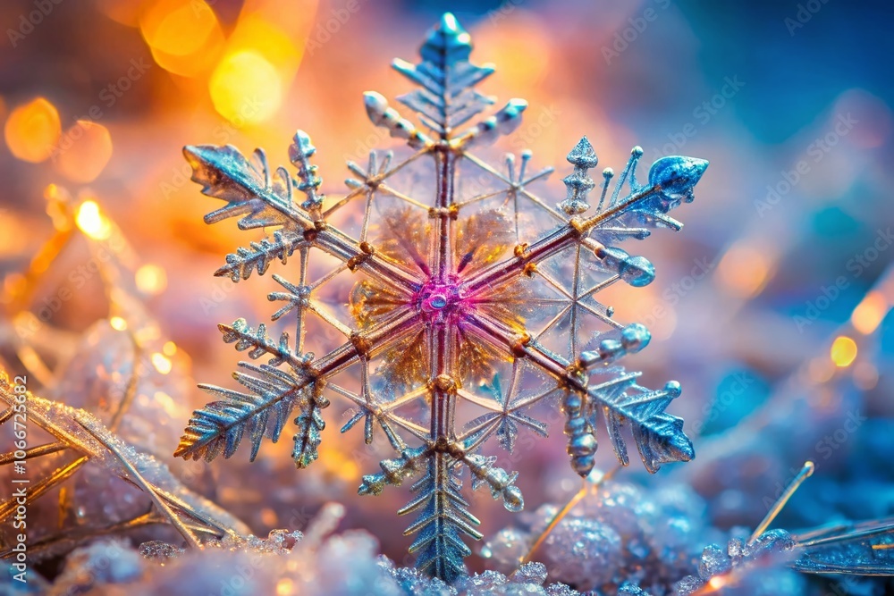 Poster stunning closeup of a unique snowflake crystal with intricate patterns on light background - nature'