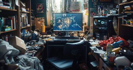 Very dirty gaming room, trash everywhere, empty soda cans, bottles, paper bags, streaming pc setup.