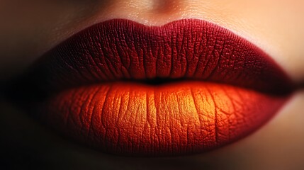 Extreme close-up of lips with a sunset ombre effect, transitioning from deep red to bright orange, matte finish with a velvety texture, illuminated with warm, soft lighting to highlight the gradient,