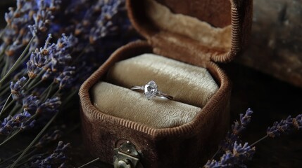 Velvet box holding a radiant diamond ring, surrounded by dried lavender, evoking a sense of tranquility and love