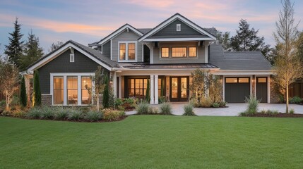 Luxury New Construction Home Exterior with Covered Porch, Green Grass Yard at Twilight