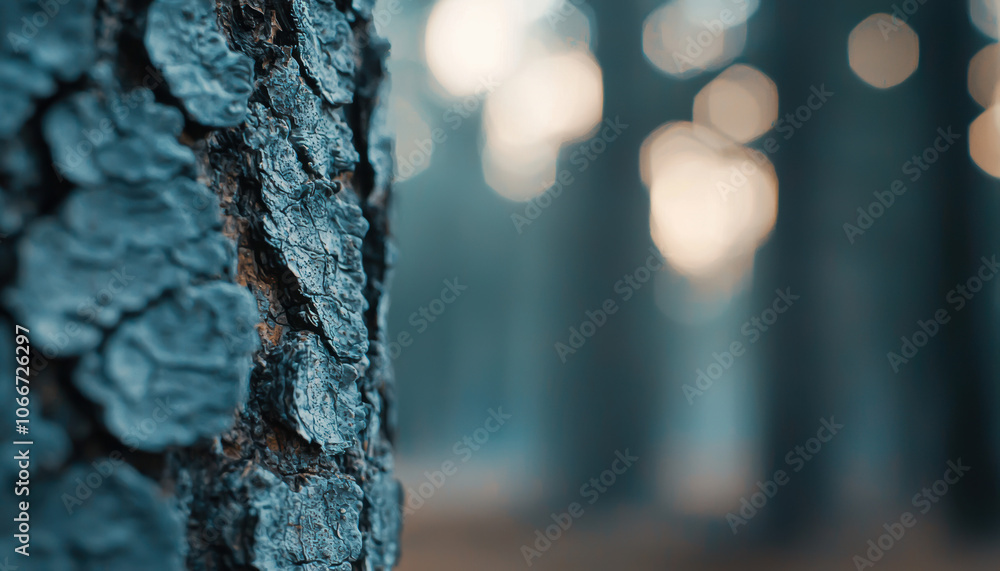 Poster a close-up view of a tree bark with blurred forest background, capturing the intricate texture and s