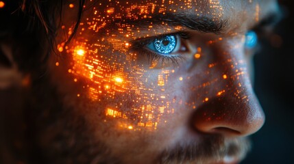 Close-up of human eye with futuristic digital interface, holographic technology in iris, blue biometric data, virtual HUD display, innovation in sci-fi style