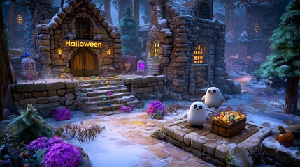 Two ghosts stand before a Halloween shop in a snowy village.