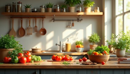 Vibrant Kitchen Scene with Fresh Ingredients and Colorful Utensils