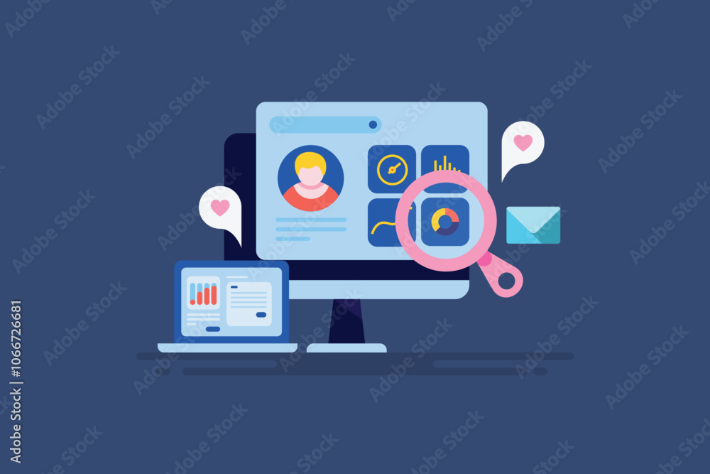 Poster customer profile analysis business intelligence report data on dashboard, digital business and clien