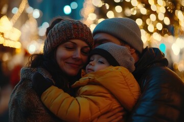 A loving family moment with a parent and another adult hugging a child in front of a Christmas tree