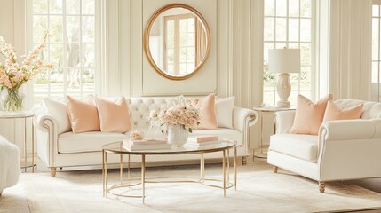 Fototapeta premium Elegant Living Room with White Sofa, Gold Accents, and Floral Arrangement