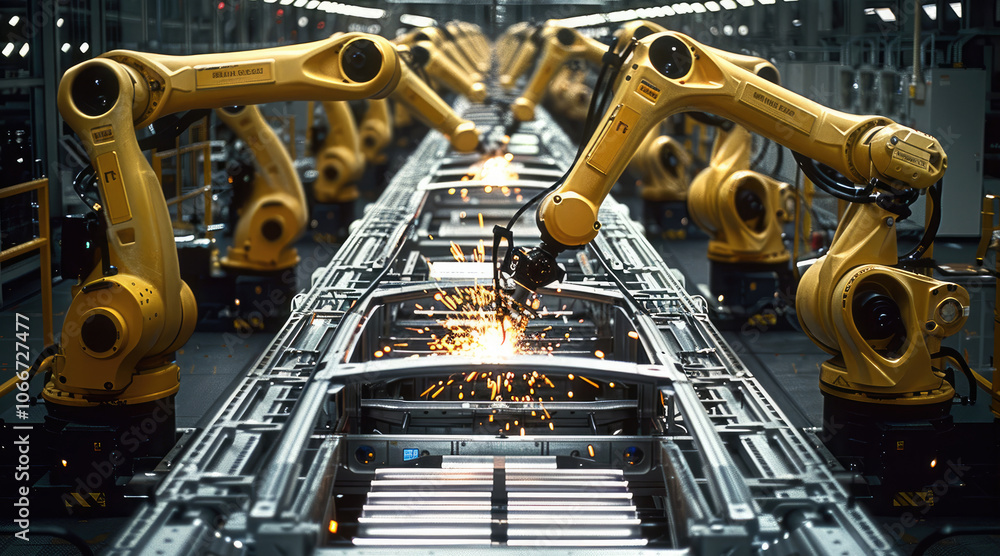 Fototapete an advanced automotive manufacturing assembly line with robotic arms working on car chassis. the rob