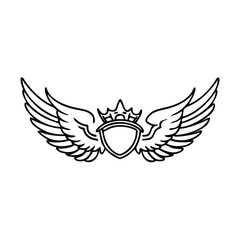 Obraz premium Crowned Winged Shield Outline Emblem, Black and white outline illustration of a winged shield with a crown, symbolizing royalty, strength, and protection in a minimalist design. 