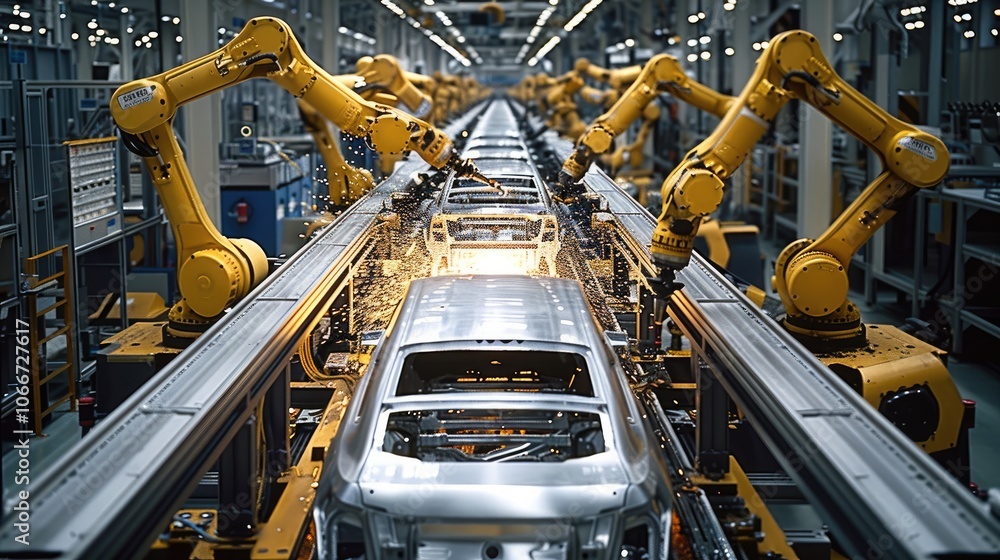 Leinwandbilder an advanced automotive manufacturing assembly line with robotic arms working on car chassis. the rob