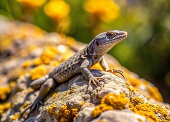 Fototapeta premium Stunning Drone Photography of a Small Gray Lizard Sunbathing on a Rock in a Natural Habitat - Reptiles in the Wild, Nature Photography, Wildlife Observation