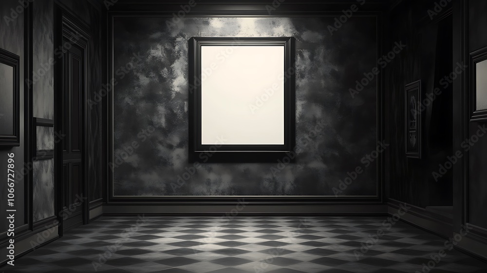 Poster empty room with a checkered floor and a large frame