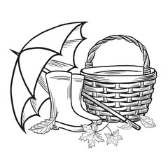 Wicker basket with rubber boots, umbrella and leaves. Cozy autumn composition sketch. Vector line illustration, hand drawn isolated. Black and white doodle fall arrangement. Clipart for card, sticker