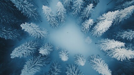 An aerial view of a snowy forest with a small clearing in the center.  The trees are covered in snow and the ground is covered in a blanket of white.