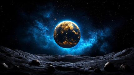 Cosmic Landscape Planet Stars Galaxy Moon Night Sky Space Science Fiction Fantasy Astronomy Nebula