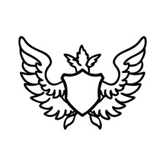 Crowned Winged Shield Outline Emblem, Black and white outline illustration of a winged shield with a crown, symbolizing royalty, strength, and protection in a minimalist design.
