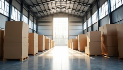 Spacious Warehouse Interior with High Ceilings and Organized Boxes.