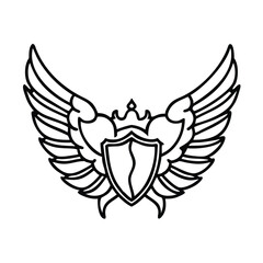 Crowned Winged Shield Outline Emblem, Black and white outline illustration of a winged shield with a crown, symbolizing royalty, strength, and protection in a minimalist design.
