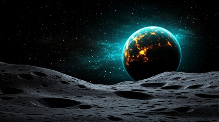 Alien Planet Landscape Cratered Moon Surface with Glowing Exoplanet in the Night Sky