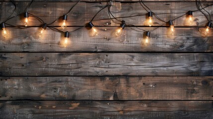 Invitation Wood. Vintage Garland String Lights Border on Wooden Background